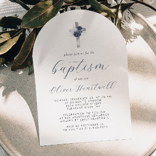 Blue Floral Silver Cross Arch Boys Baptism Invitation