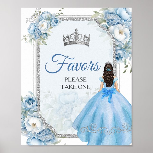 Blue Floral Silver Crown Quinceañera Favours Poster (Front)