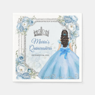 Blue Floral Silver Crown Quinceañera Paper Napkin