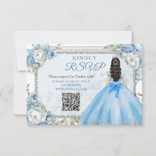 Blue Floral Silver Crown Quinceañera QR Rsvp Card