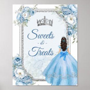 Blue Floral Silver Crown Quinceañera Sweets Treats Poster