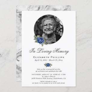 Blue Floral Silver Marble Photo Memorial Service Invitation