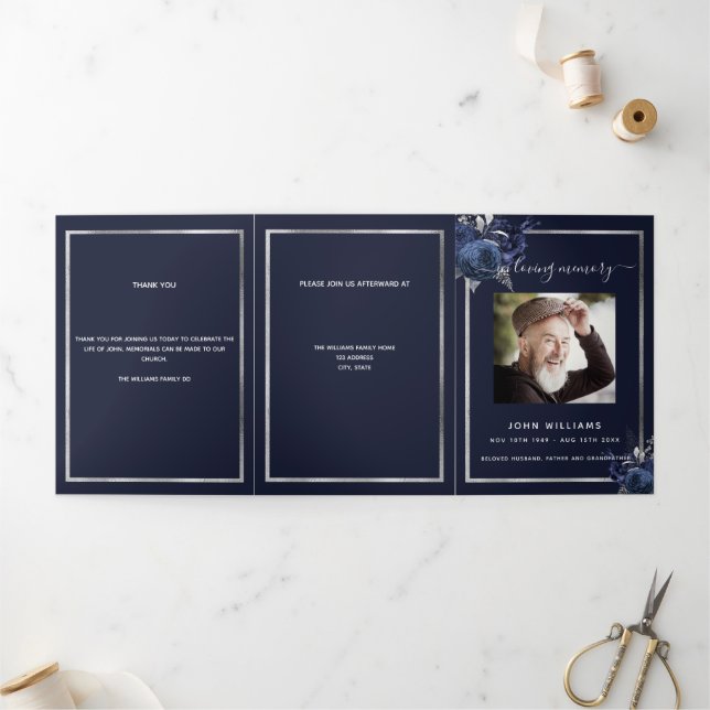 Blue floral silver photo tri-fold funeral program (Outside)