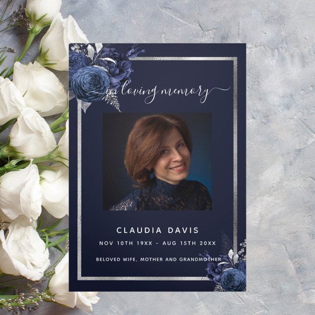 Blue floral silver photo tri-fold funeral program (Creator Uploaded)