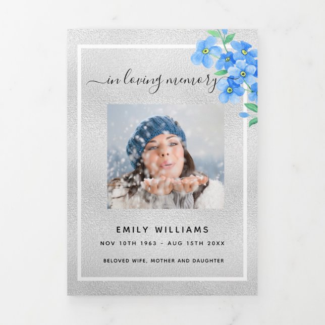 Blue floral silver photo tri-fold funeral program announcement (Cover)