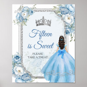 Blue Floral Silver Quinceañera Fifteen is Sweet Poster