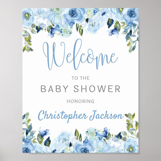 Blue floral silver rustic baby shower welcome sign (Front)