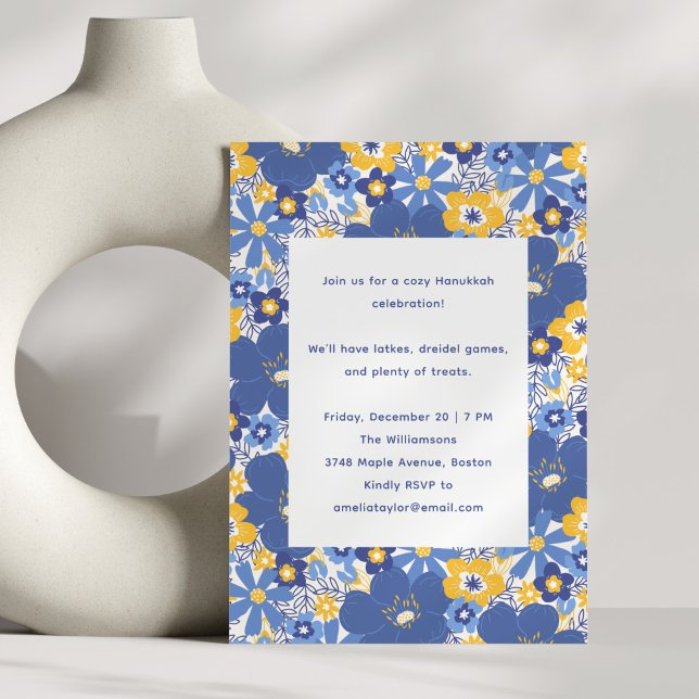 Blue Floral Simple Festive Family Hanukkah Party Invitation (Creator Uploaded)