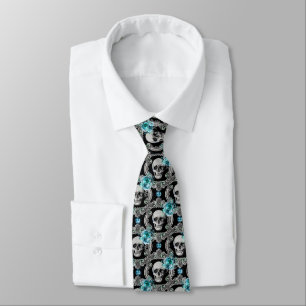 Blue Floral Skull Pattern Tie