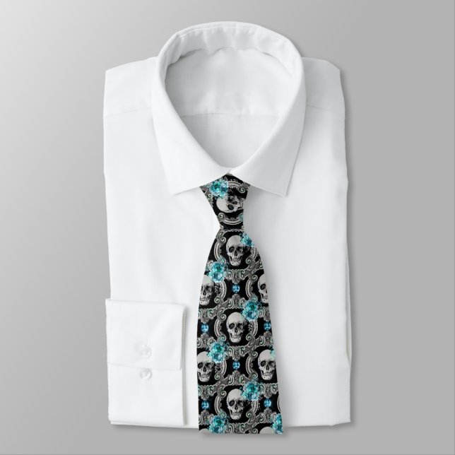 Blue Floral Skull Pattern Tie (Tied)