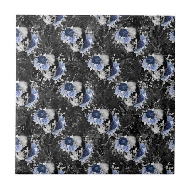 Blue Floral Skull Series Design 1   Ceramic Tile (Front)