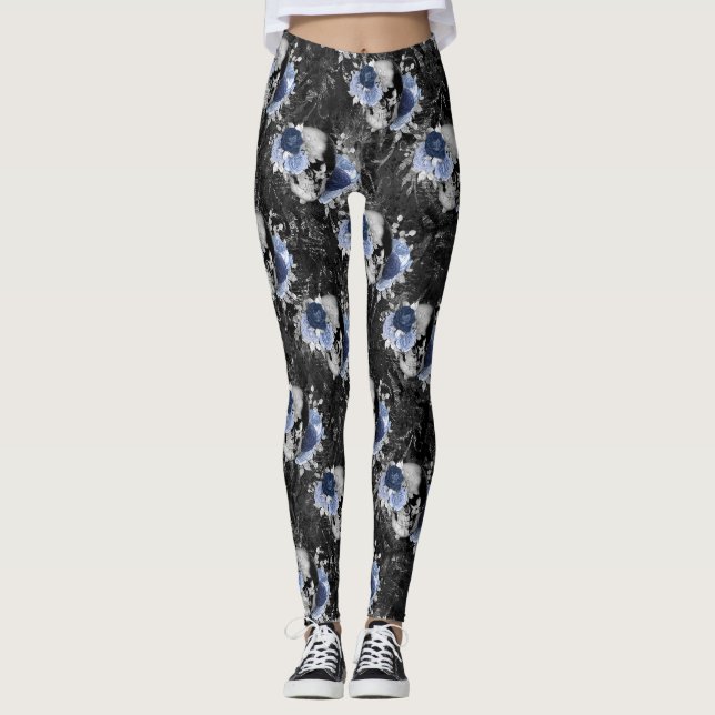 Blue Floral Skull Series Design 1  Leggings (Front)