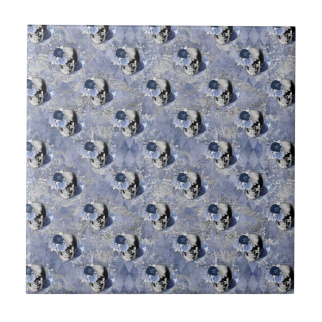 Blue Floral Skull Series Design 2  Ceramic Tile (Front)