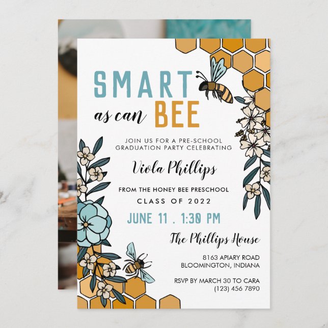 Blue Floral Smart As Can Bee Preschool Graduation Invitation (Front/Back)