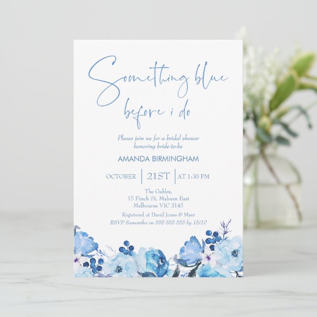 Blue Floral Something Blue Bridal Shower  Invitation (Standing Front)