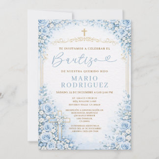 Blue Floral Spanish Baptism Religion Gold Cross Invitation