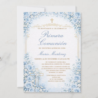 Blue Floral Spanish Boy Primera Comunión Cross Invitation