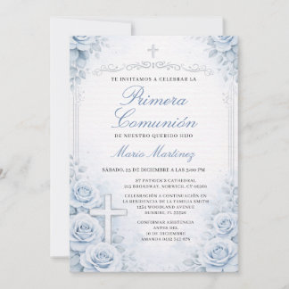Blue Floral  Spanish Boy Primera Comunión Cross Invitation