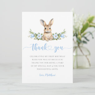 Blue Floral Spring Rabbit Some Bunny 1st Birthday Thank You Card