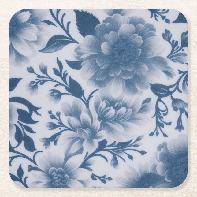 Blue Floral Square Paper Coaster (Front)