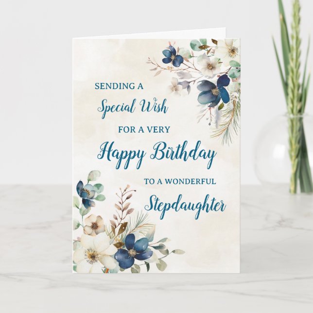 Blue Floral Stepdaughter Birthday Card (Front)