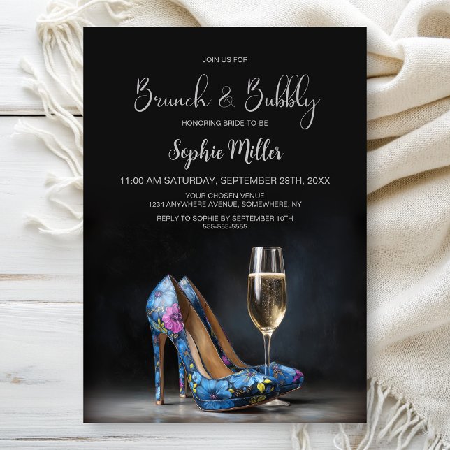 Blue Floral Stiletto Shoes Brunch and Bubbly Invitation (Creator Uploaded)