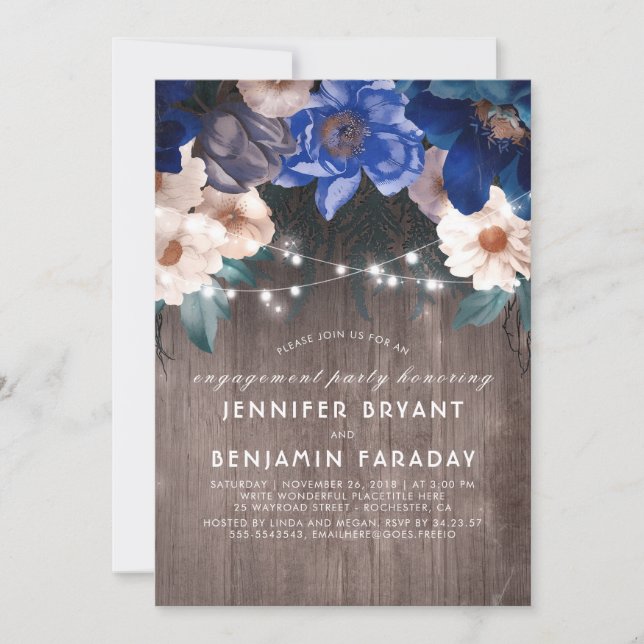 Blue Floral String Lights Rustic Engagement Party Invitation (Front)