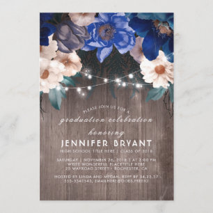 Blue Floral String Lights Rustic Graduation Party Invitation