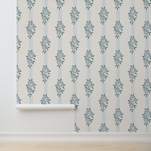 Blue Floral Stripe Vintage Cottage Wallpaper
