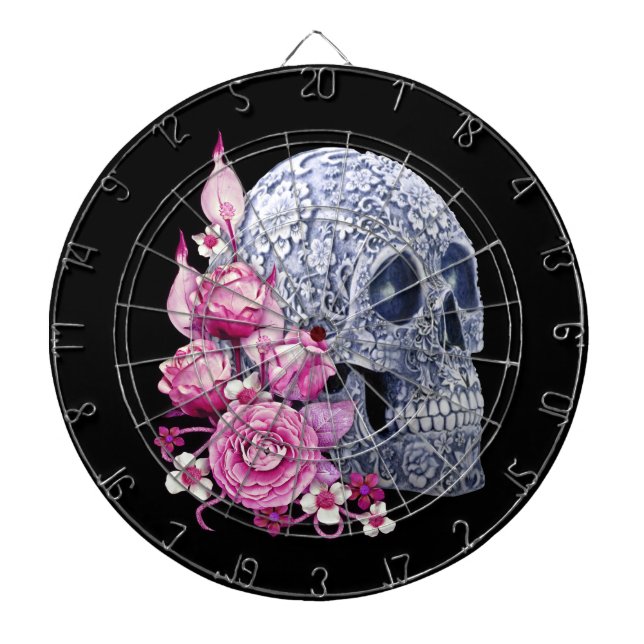 Blue Floral Sugar Skull Pink Flowers Dartboard (Front)