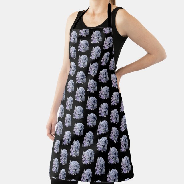 Blue Floral Sugar Skull Purple Flowers Apron (Insitu)