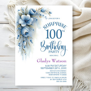 Blue Floral Surprise 100th Birthday Party Invitation