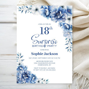Blue Floral Surprise 18th Birthday Party Invitation