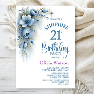 Blue Floral Surprise 21st Birthday Party Invitation