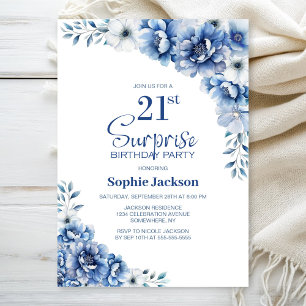 Blue Floral Surprise 21st Birthday Party Invitation