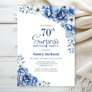 Blue Floral Surprise 70th Birthday Party Invitation