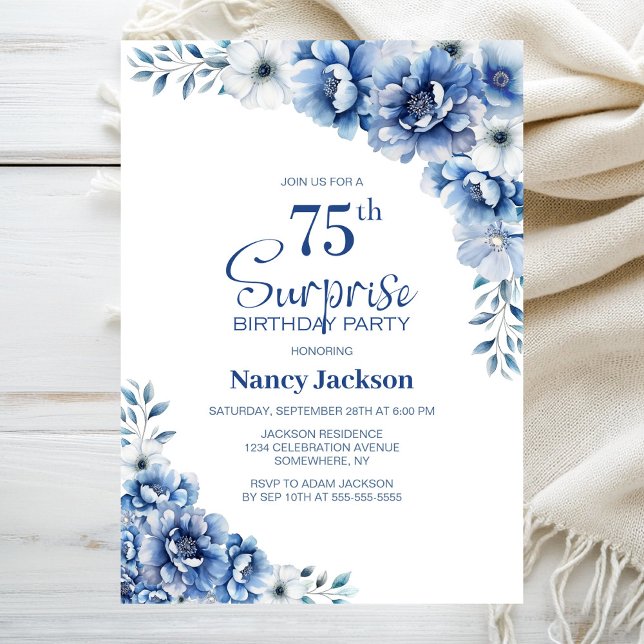 Blue Floral Surprise 75th Birthday Party Invitation (Creator Uploaded)