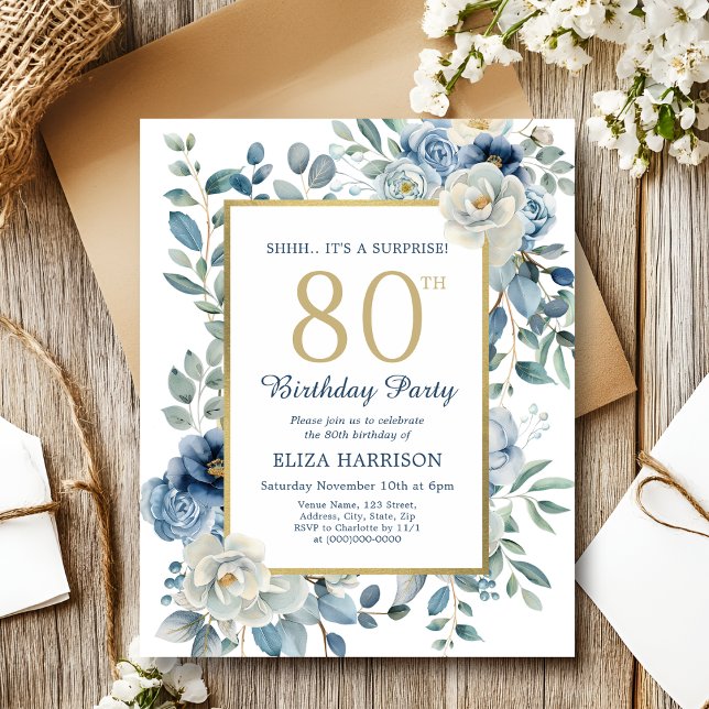 Blue Floral Surprise 80th Budget Invitation (Creator Uploaded)