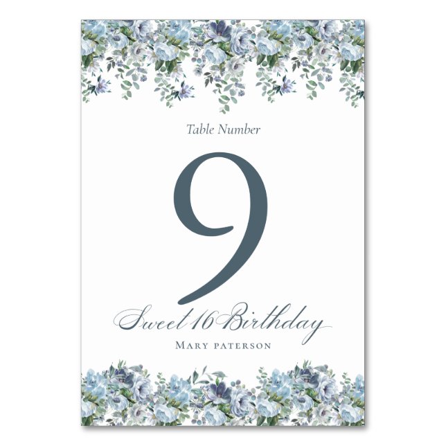 Blue Floral Sweet  16 Birthday  Table Number (Front)
