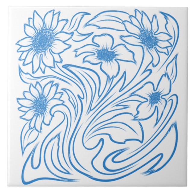 Blue Floral Swirl Botanical Ceramic Tile (Front)