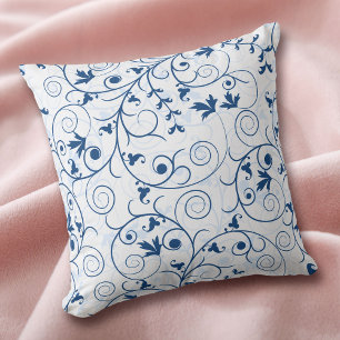Blue Floral Swirl Pattern on White Cushion