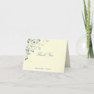Blue Floral Swirls on Cream Wedding Thank You Card