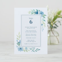 Blue Floral Table Number Seating Chart Card