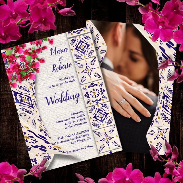 Blue Floral Talavera Mexican Wedding Invitation (Creator Uploaded)