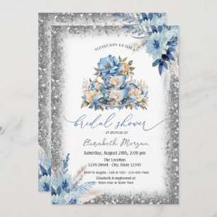Blue Floral Tea cup Glitter Frame Baby Shower  Invitation