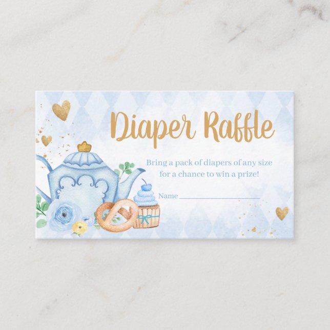 Blue Floral Tea Party Baby Shower Diaper Raffle Enclosure Card (Front)