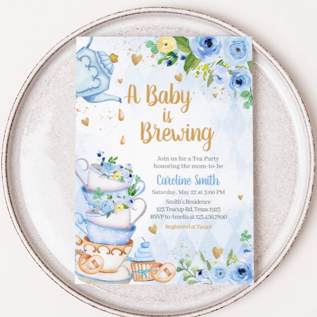 Blue Floral Tea Party Baby Shower Invitation (Tea Party Baby Shower Invitation)