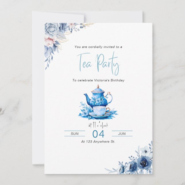 Blue Floral Tea Party Birthday Invitation (Front)