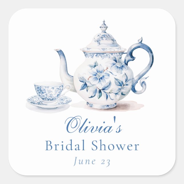 Blue Floral Tea Party Bridal Shower Square Sticker (Front)
