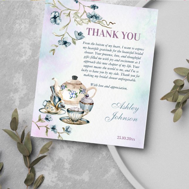 Blue floral tea party bridal shower thank you card (Bridal shower tea party thank you card pastel blues tea pot cups a bird and flowers)